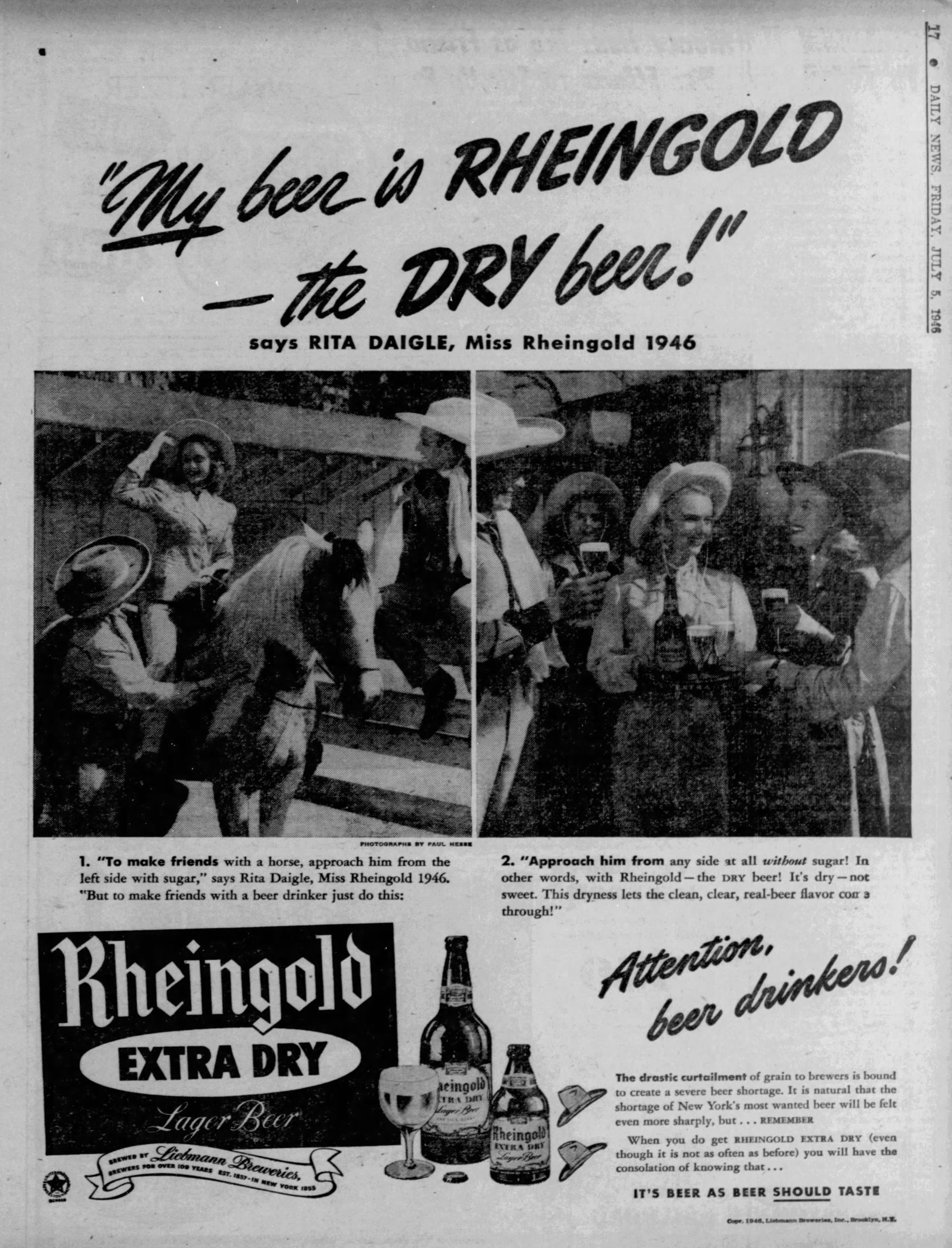 Beer In Ads #4047: Miss Rheingold 1946 On A Horse